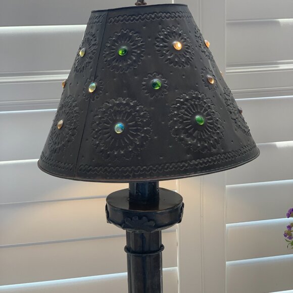Vintage Handcrafted Mexican Punched Tin Table Lamp with Glass Marble Shade - Picture 9 of 11